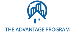 Photo of the Advantage Program corporate logo. Logo shows a blue outline of a house with crystals and a circle wrapped behind it and the text The Advantage Program listed prominently underneath.